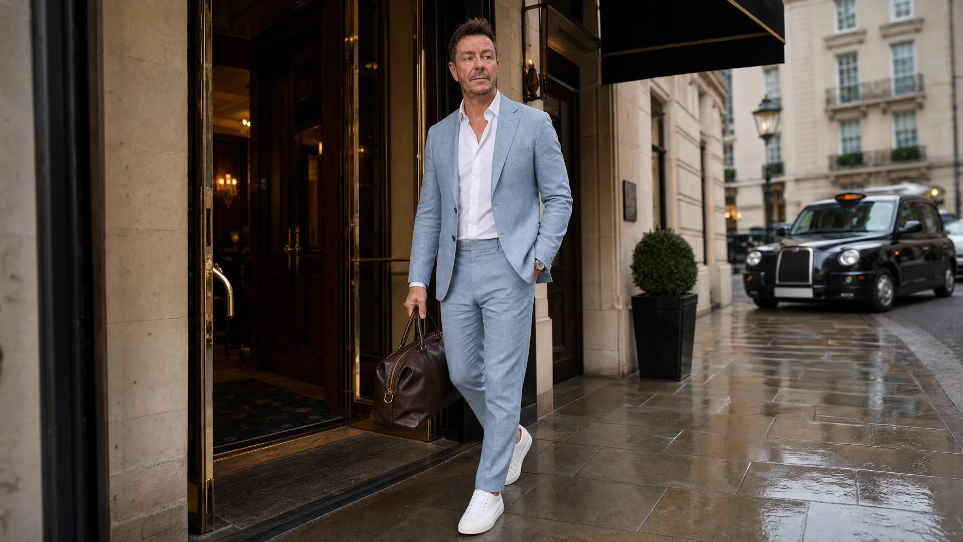 The editor leaving a London hotel