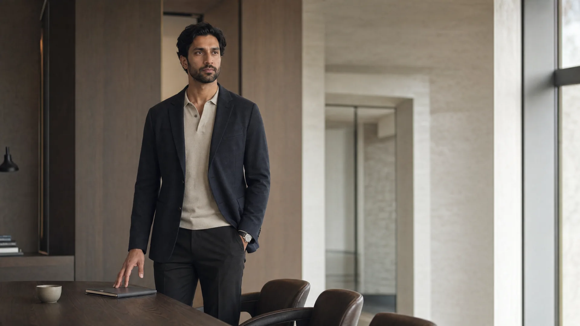 Ravi preparing for a meeting in a contemporary workspace