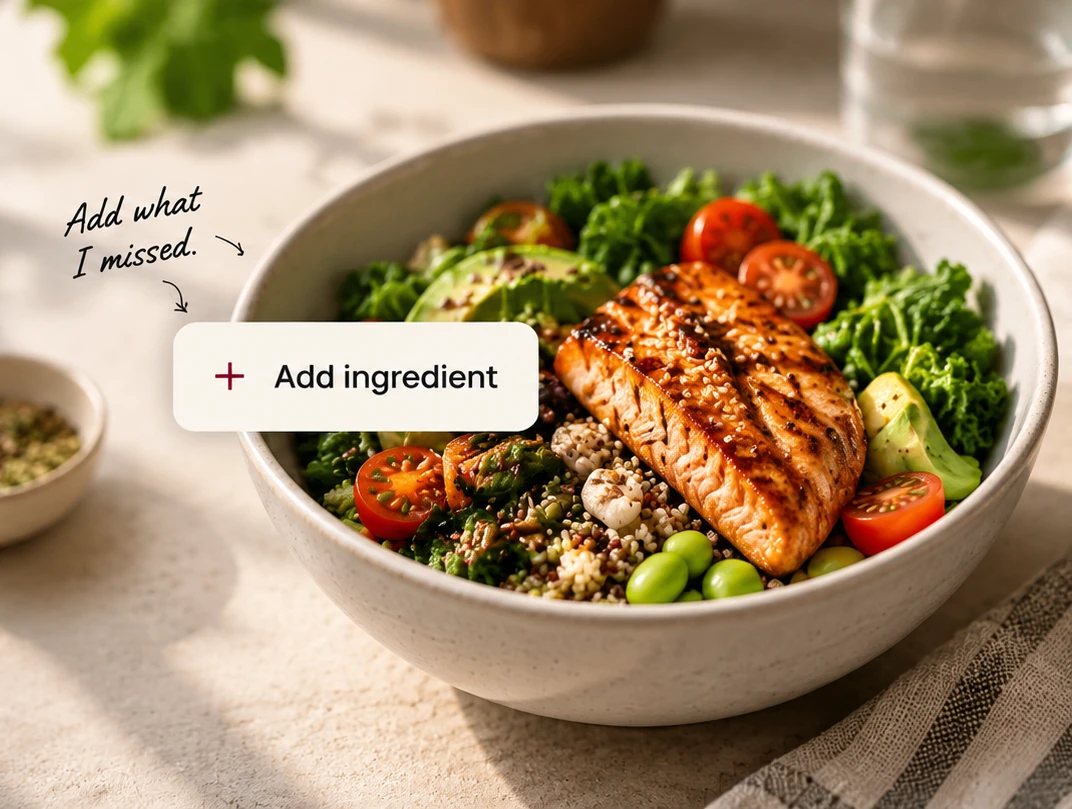 A colourful meal with an Add ingredient control showing how NutriPilot can be corrected
